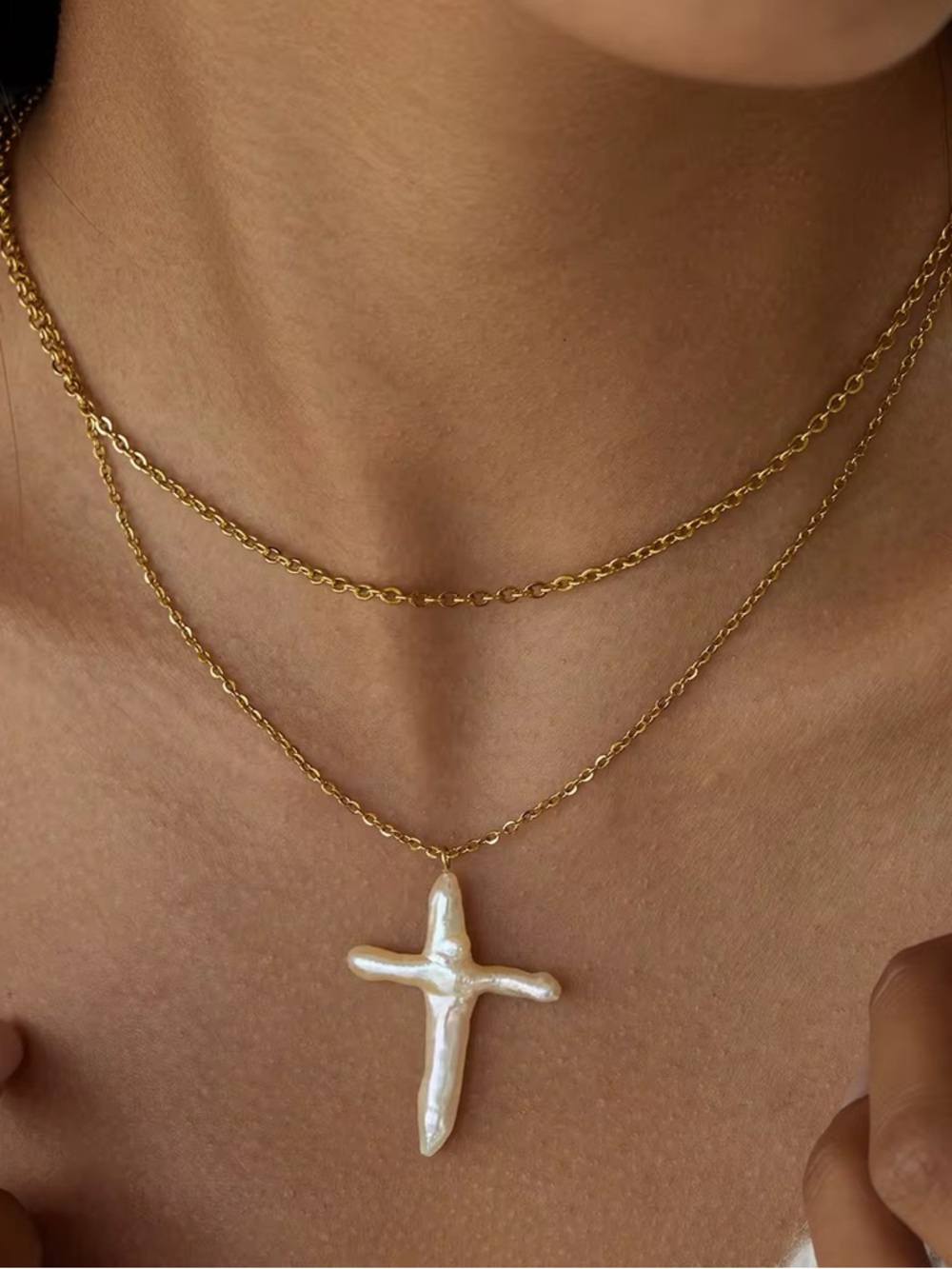 Gold Double-Layer Necklace with White Baroque Pearl Cross